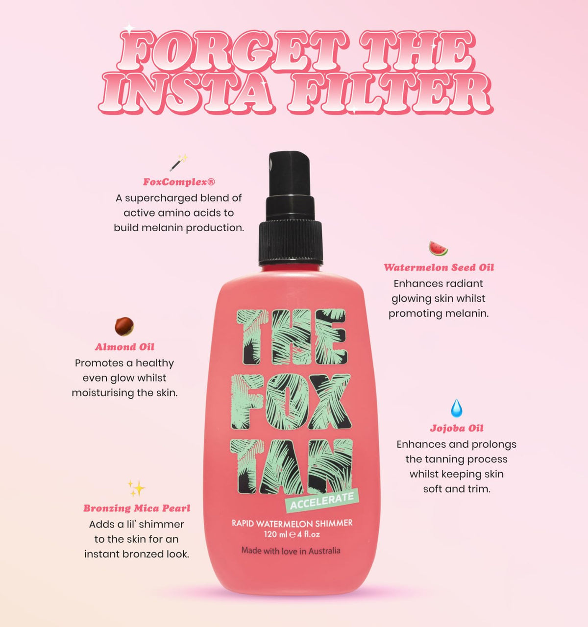 The Fox Tan Rapid Watermelon Shimmer being shaken to activate shimmer