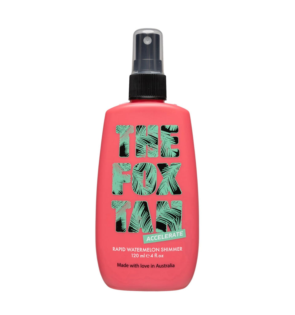 The Fox Tan Rapid Watermelon Shimmer bottle front showing glow-enhancing formula
