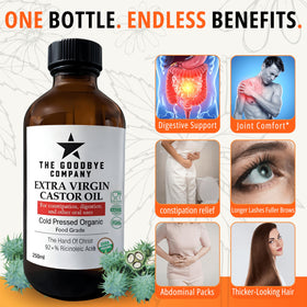 The Goodbye Company castor oil bottle closeup showcases pure, cold-pressed quality.