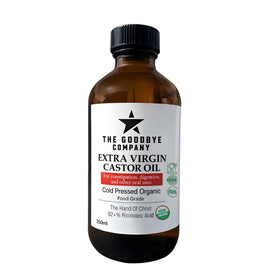 The Goodbye Company castor oil bottle hero for skin and hair care routines.