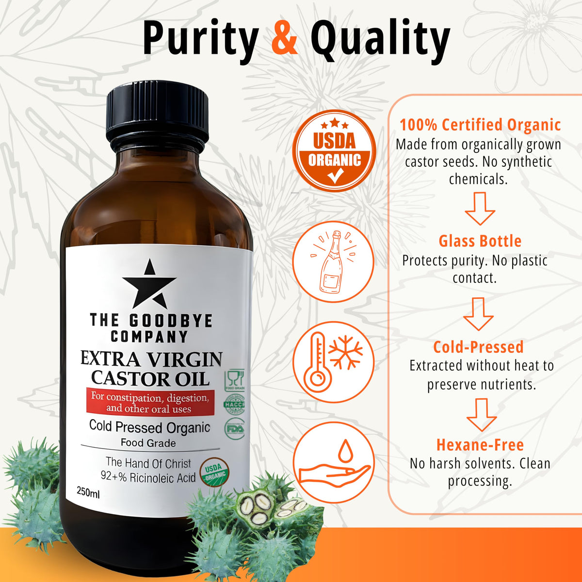 The Goodbye Company castor oil packaging label emphasizes organic and hexane-free processing.