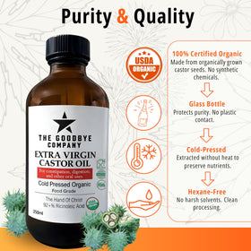 The Goodbye Company castor oil packaging label emphasizes organic and hexane-free processing.