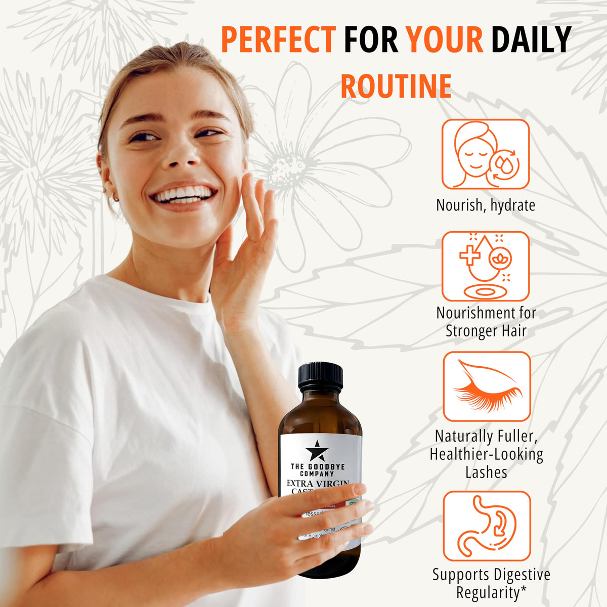 The Goodbye Company castor oil skin moisture use on hands and body.