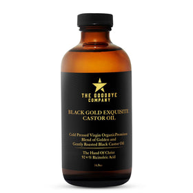 The Goodbye Company Jamaican Black Castor Oil bottle for hair care and skin hydration.