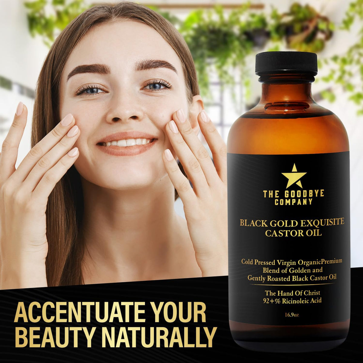 Pouring The Goodbye Company JBCO highlights premium cold-pressed quality for scalp nourishment.