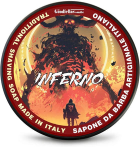 The Goodfellas' Smile Inferno soap tin with leather cedar sandalwood scent boosts bold shaves.