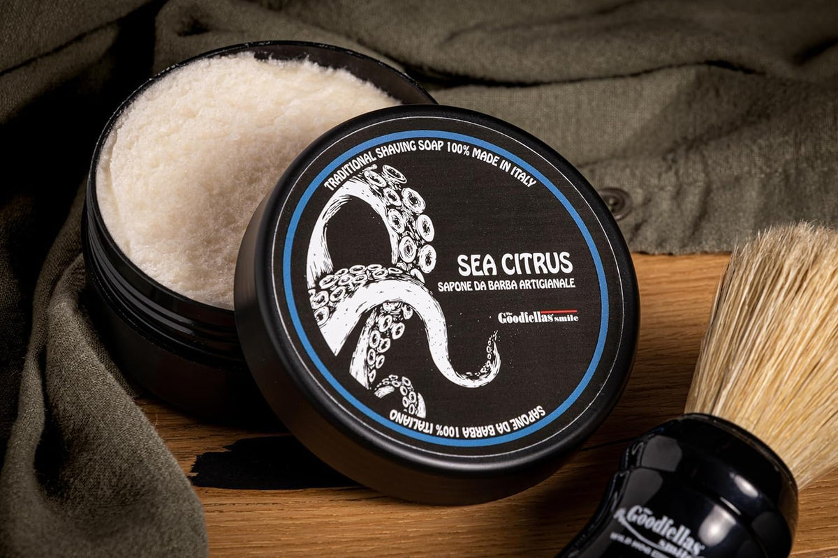 Safety razor alongside Sea Citrus soap for a precise, calm shave.