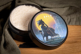 The Goodfellas' Smile SOLO shaving brush applying lather with sandalwood and mandarin aroma.