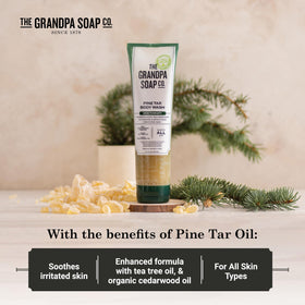 The Grandpa Soap Company Tea Tree Oil infusion scene highlights hypoallergenic wash properties.