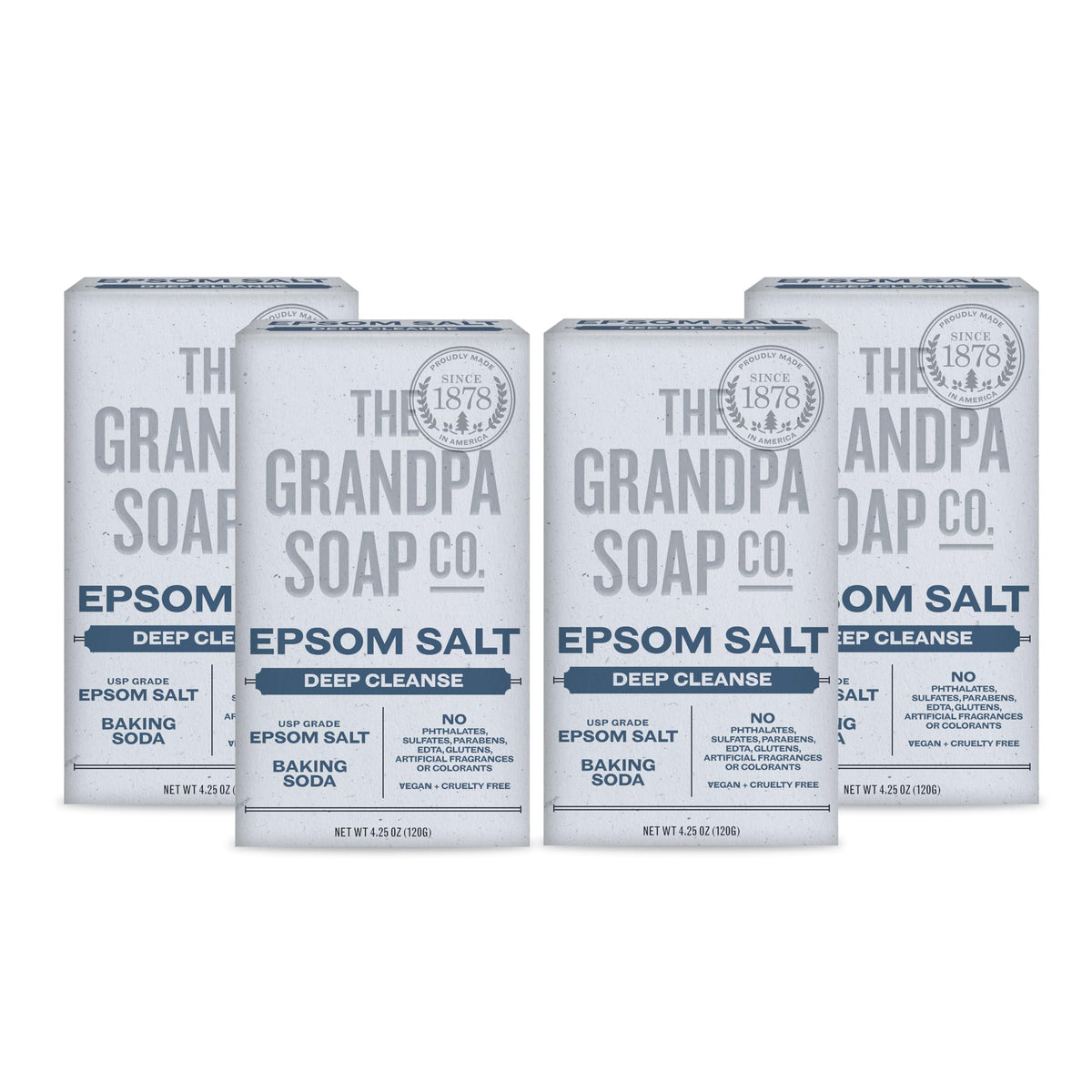 The Grandpa Soap Company Epsom Salt Bar Soap four-pack front view for value and quality.