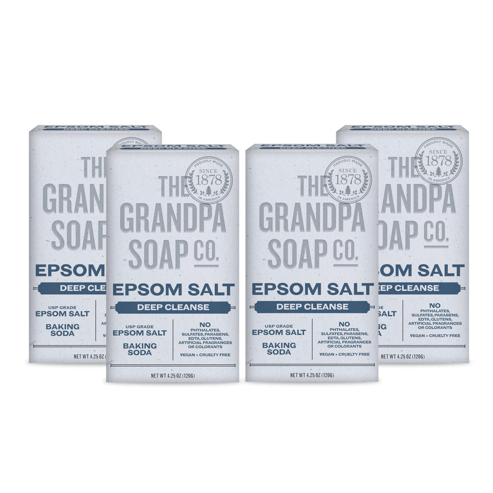 The Grandpa Soap Company Epsom Salt Bar Soap four-pack front view for value and quality.