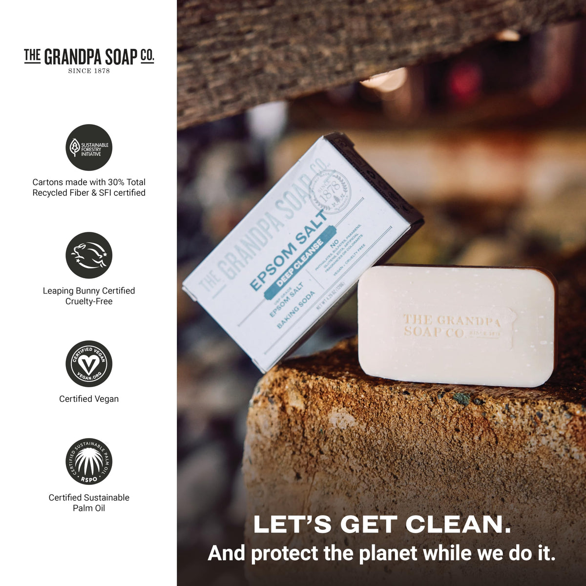 The Grandpa Soap Company Epsom Salt Bar Soap in a shower scene for a cozy morning ritual.