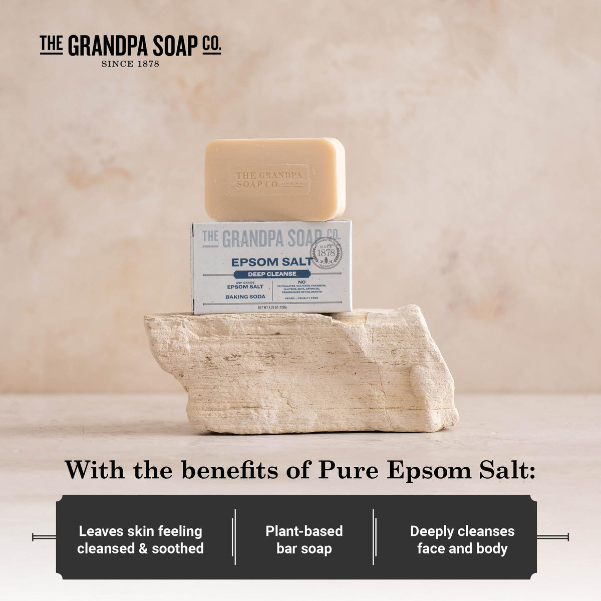 The Grandpa Soap Company Epsom Salt Bar Soap vegan cruelty-free ingredients for vegan routines.