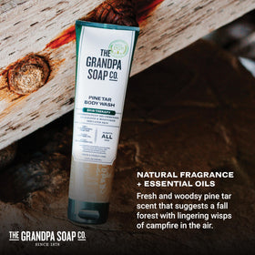 The Grandpa Soap Company pine tar wash bottle with mint scent conveys refreshing cleanse.