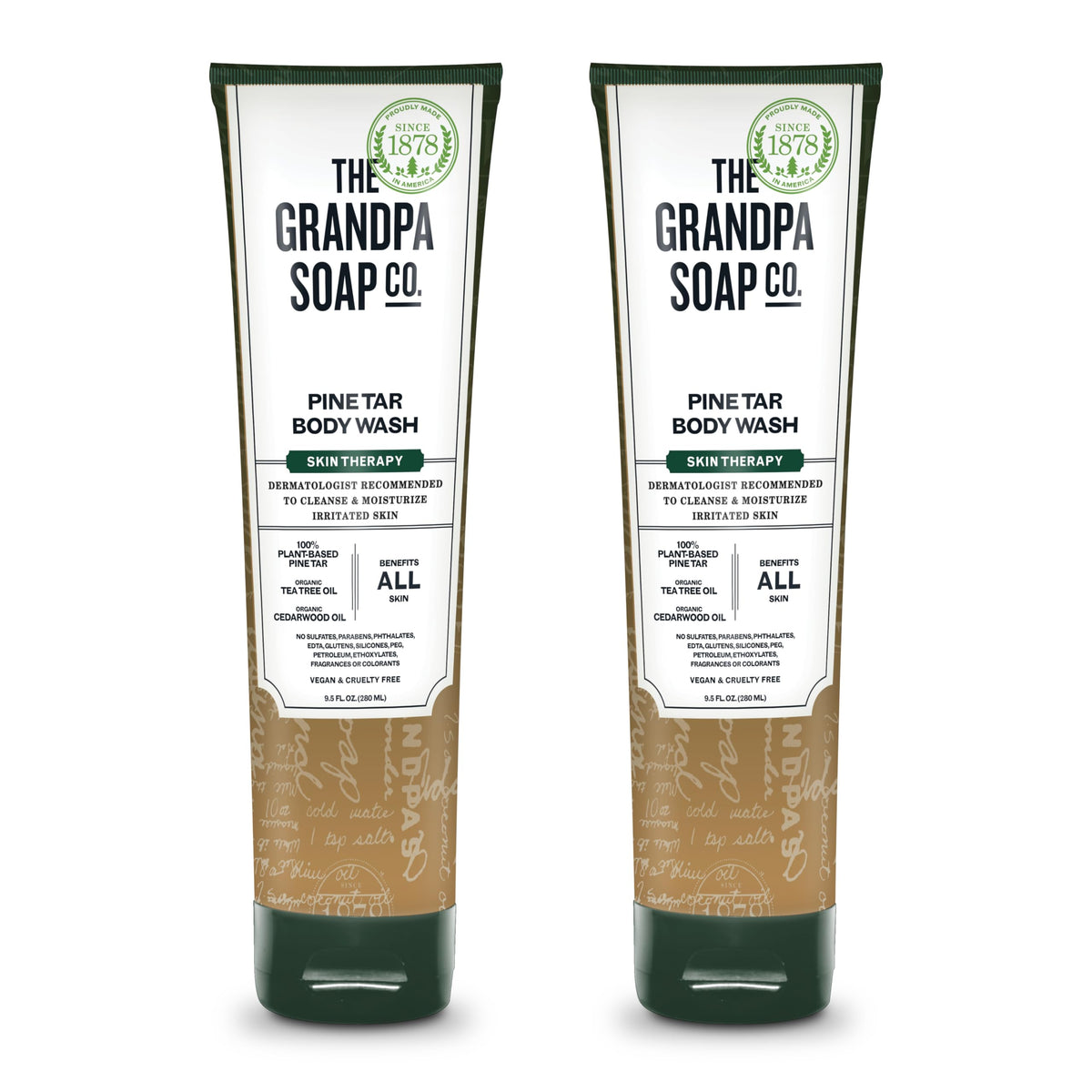 The Grandpa Soap Company Pine Tar Body Wash bottle highlights pine tar and tea tree oils for cleansing.