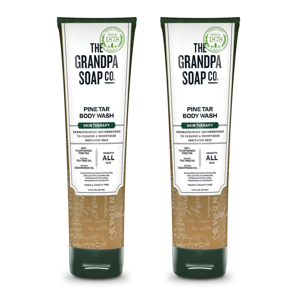 The Grandpa Soap Company Pine Tar Body Wash bottle highlights pine tar and tea tree oils for cleansing.
