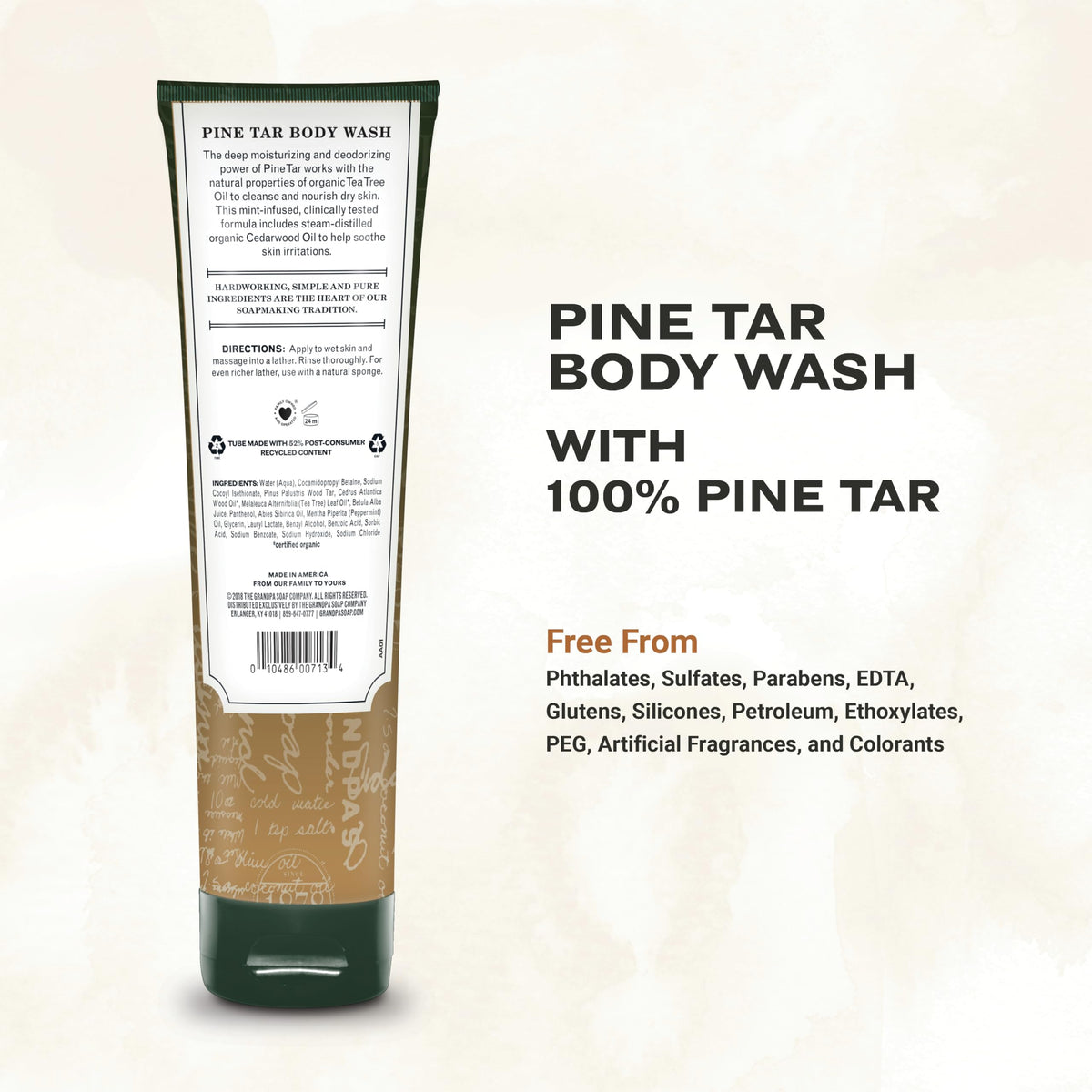 The Grandpa Soap Company Pine Tar Body Wash foam close-up emphasizes cleansing and deodorizing benefits.