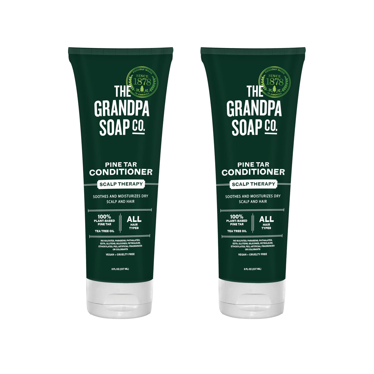 The Grandpa Soap Company Pine Tar Conditioner bottle highlighting soothing pine tar for dry scalp relief