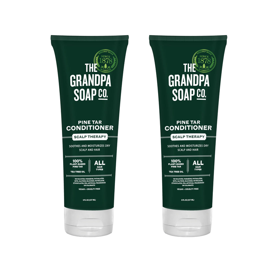 The Grandpa Soap Company Pine Tar Conditioner bottle highlighting soothing pine tar for dry scalp relief