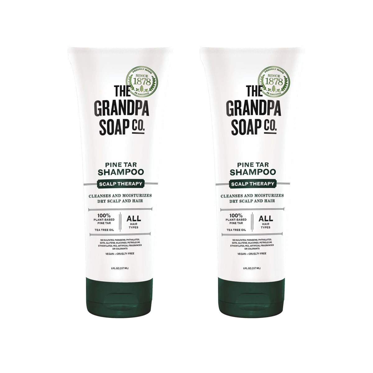 The Grandpa Soap Company Pine Tar Shampoo bottle on display for all hair types.