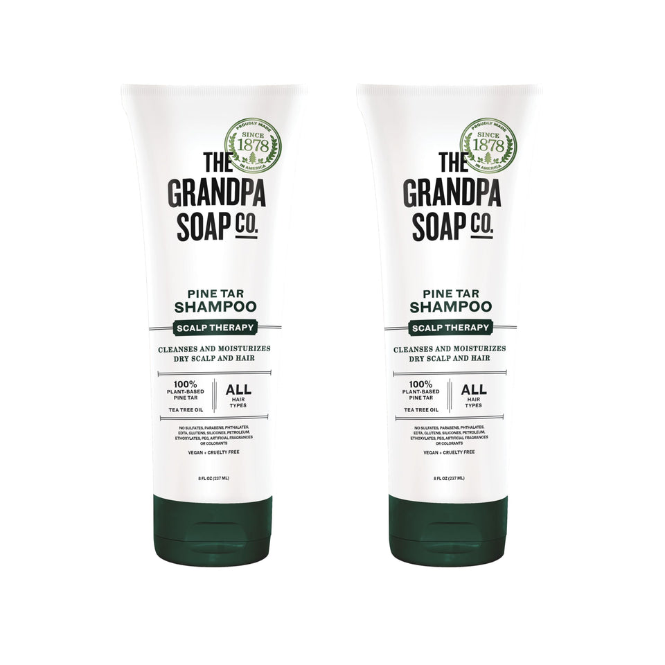 The Grandpa Soap Company Pine Tar Shampoo bottle on display for all hair types.