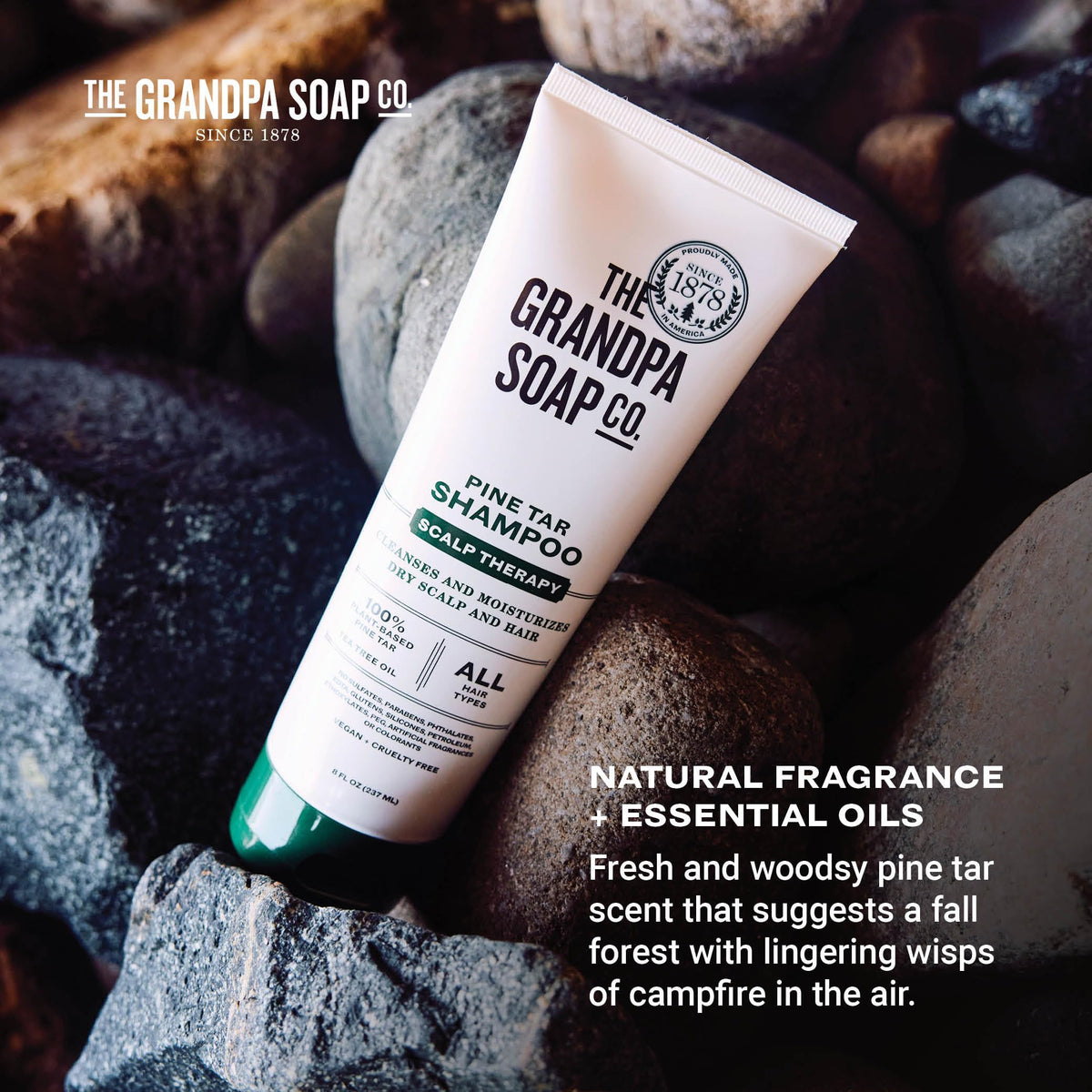 Eco-friendly packaging from The Grandpa Soap Company Pine Tar Shampoo uses recyclable materials.
