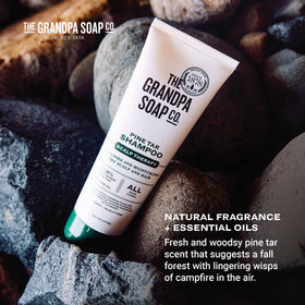 Eco-friendly packaging from The Grandpa Soap Company Pine Tar Shampoo uses recyclable materials.