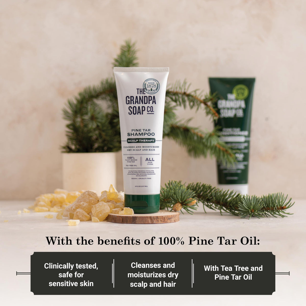 Pine tar close-up highlights natural ingredients in The Grandpa Soap Company shampoo.