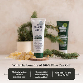 Pine tar close-up highlights natural ingredients in The Grandpa Soap Company shampoo.