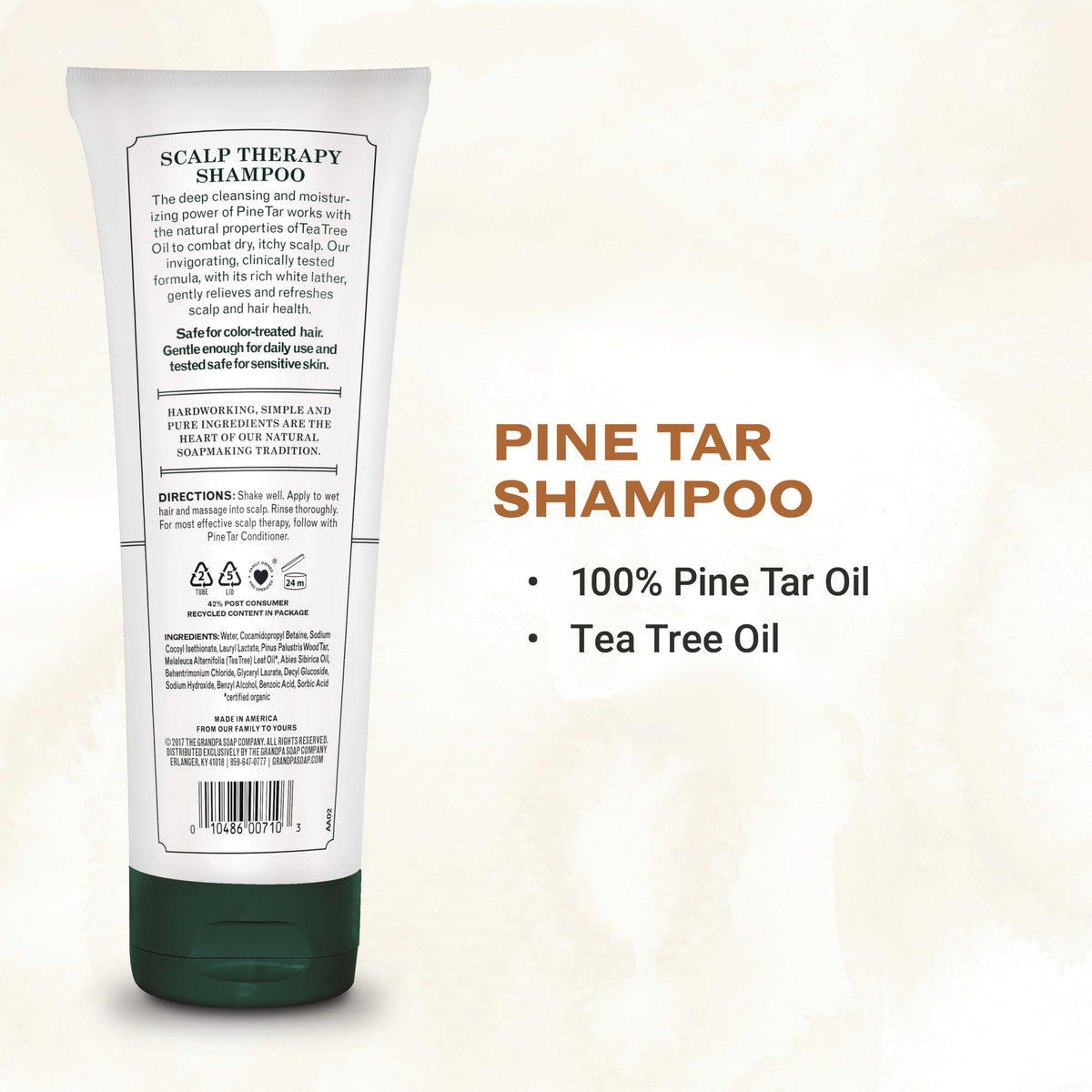 Pine Tar Shampoo rich lather demonstrates thorough cleansing for daily use by The Grandpa Soap Company.