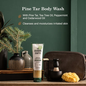 The Grandpa Soap Company Cedarwood oil swirl image underscores soothing skin nourishment.