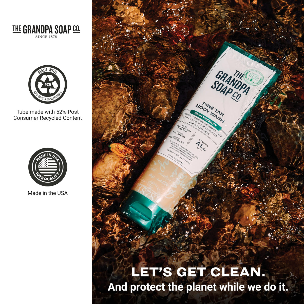 The Grandpa Soap Company Pine Tar Body Wash label close-up shows organic ingredients.