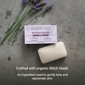 The Grandpa Soap Company Witch Hazel Bar Soap lather for refreshing daily use.