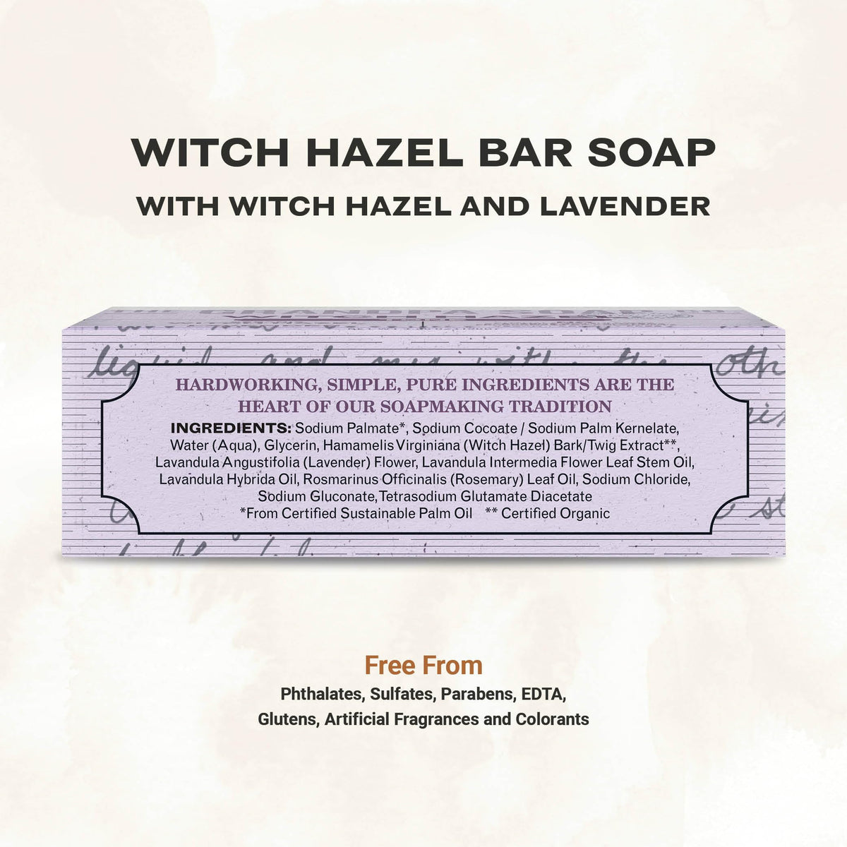 The Grandpa Soap Company Witch Hazel Bar Soap lavender closeup for gentle cleansing.