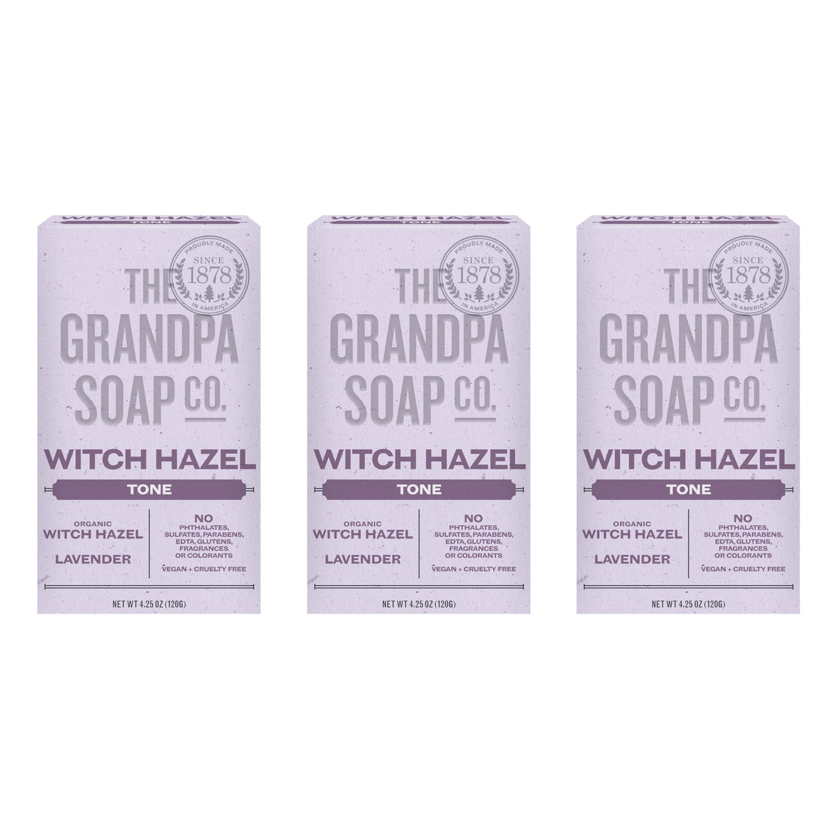 The Grandpa Soap Company Witch Hazel Bar Soap lavender packaging for eco-friendly care.