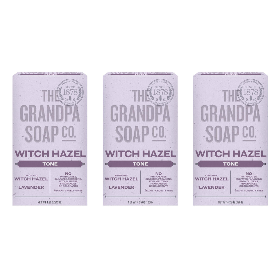 The Grandpa Soap Company Witch Hazel Bar Soap lavender packaging for eco-friendly care.
