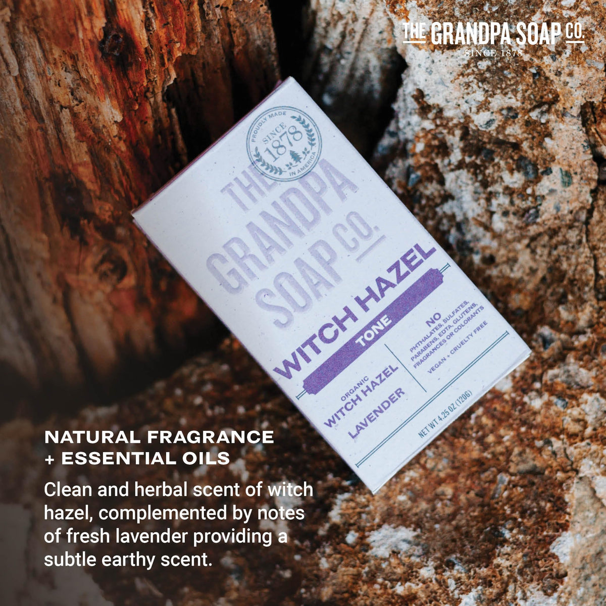 The Grandpa Soap Company Witch Hazel Bar Soap lavender bar on sink calming scent.