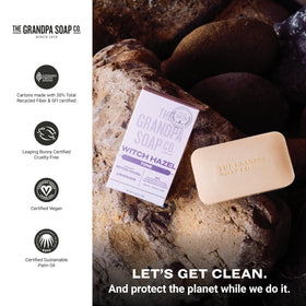 The Grandpa Soap Company Witch Hazel Bar Soap sustainable packaging highlights eco-conscious choice.