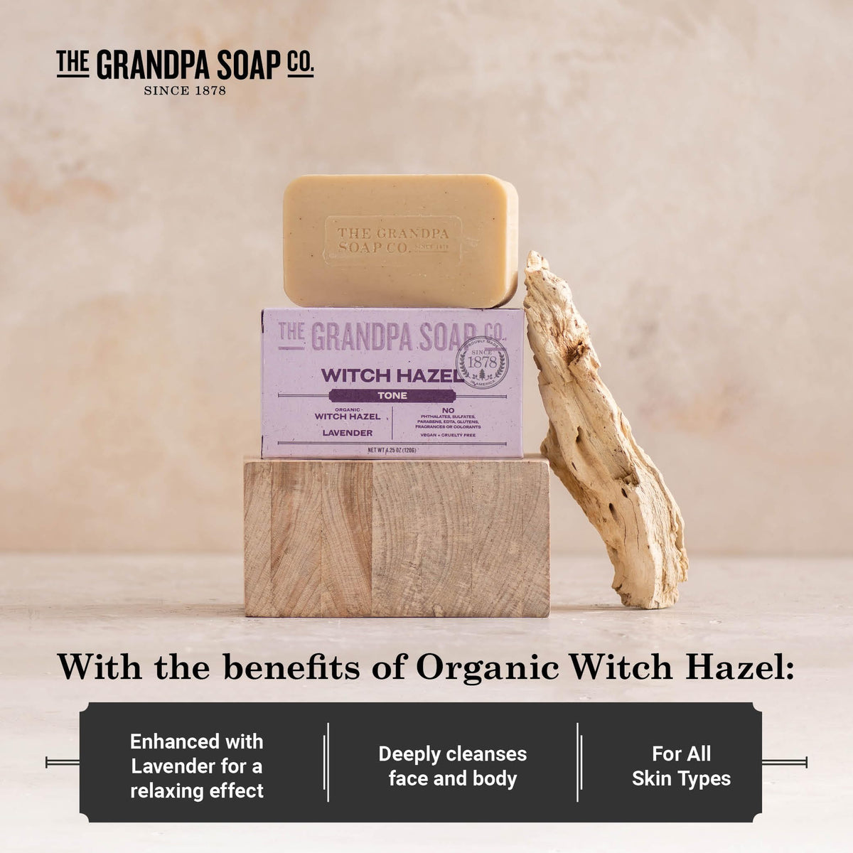 The Grandpa Soap Company Witch Hazel Bar Soap vegan ingredients shown with natural textures.