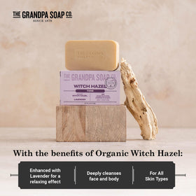 The Grandpa Soap Company Witch Hazel Bar Soap vegan ingredients shown with natural textures.