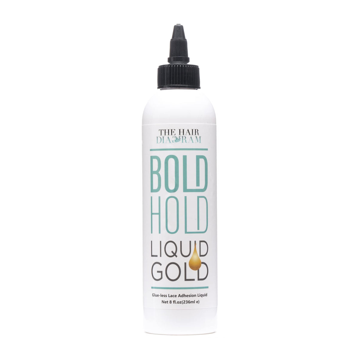 The Hair Diagram Bold Hold Liquid Gold bottle pour showing quick-dry hold.