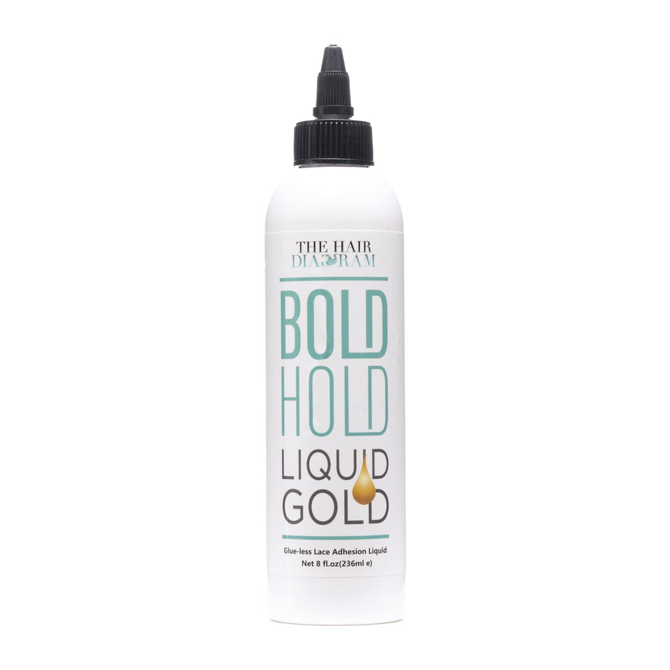 The Hair Diagram Bold Hold Liquid Gold bottle pour showing quick-dry hold.