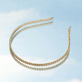 The Hair Edit gold cable headband adds elegance for evening outfits.