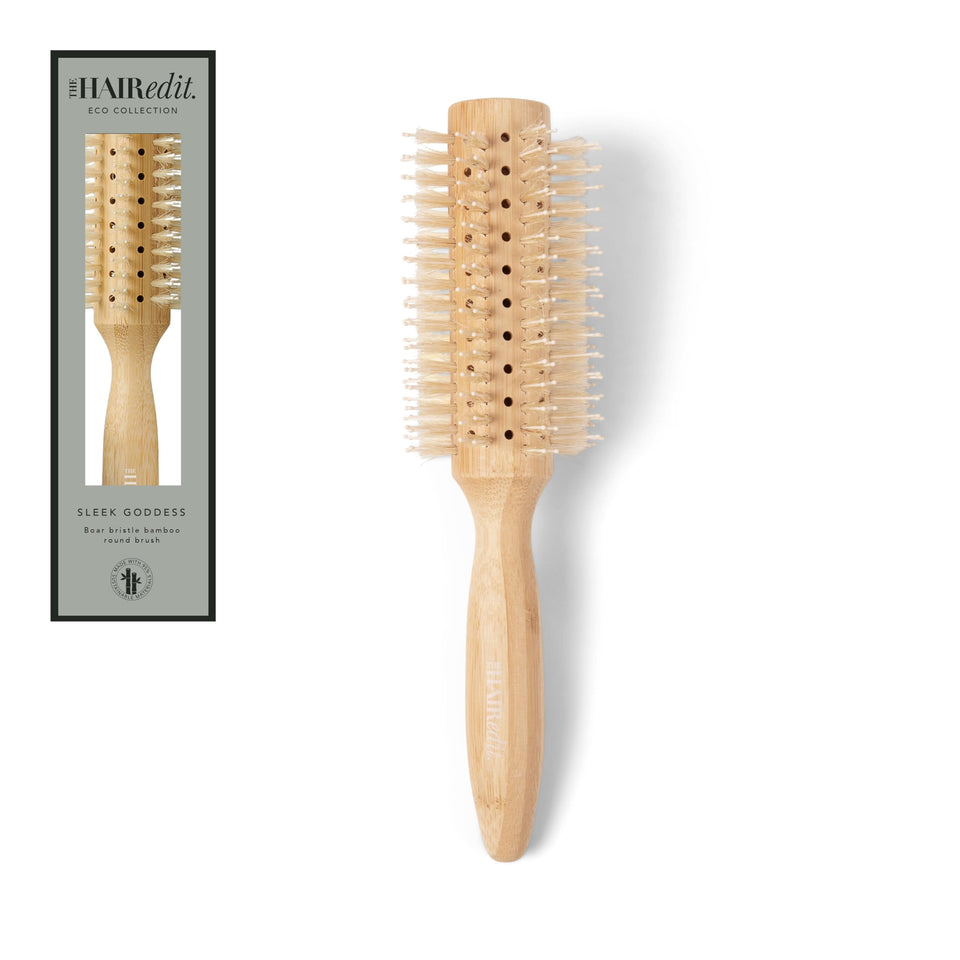 The Hair Edit Sleek Goddess brush with boar bristles distributes oils for natural shine.