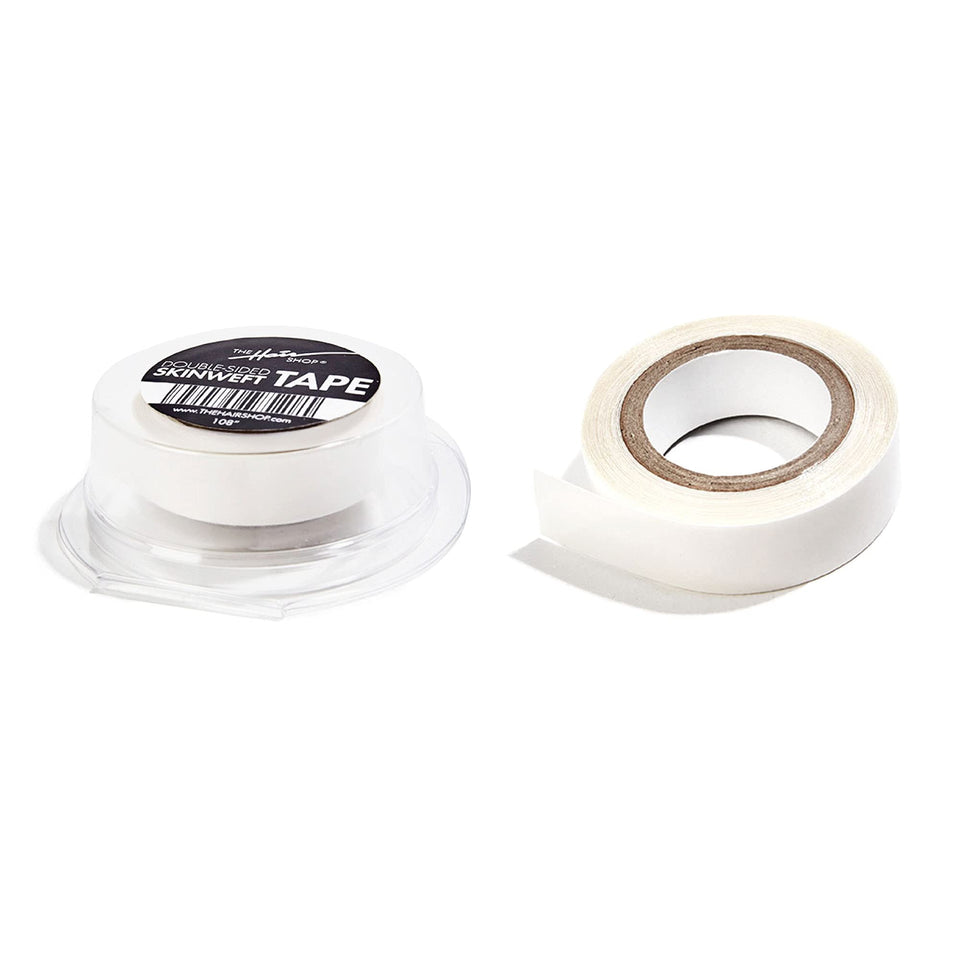 The Hair Shop double-sided tape for skinweft in use for secure extension bonding