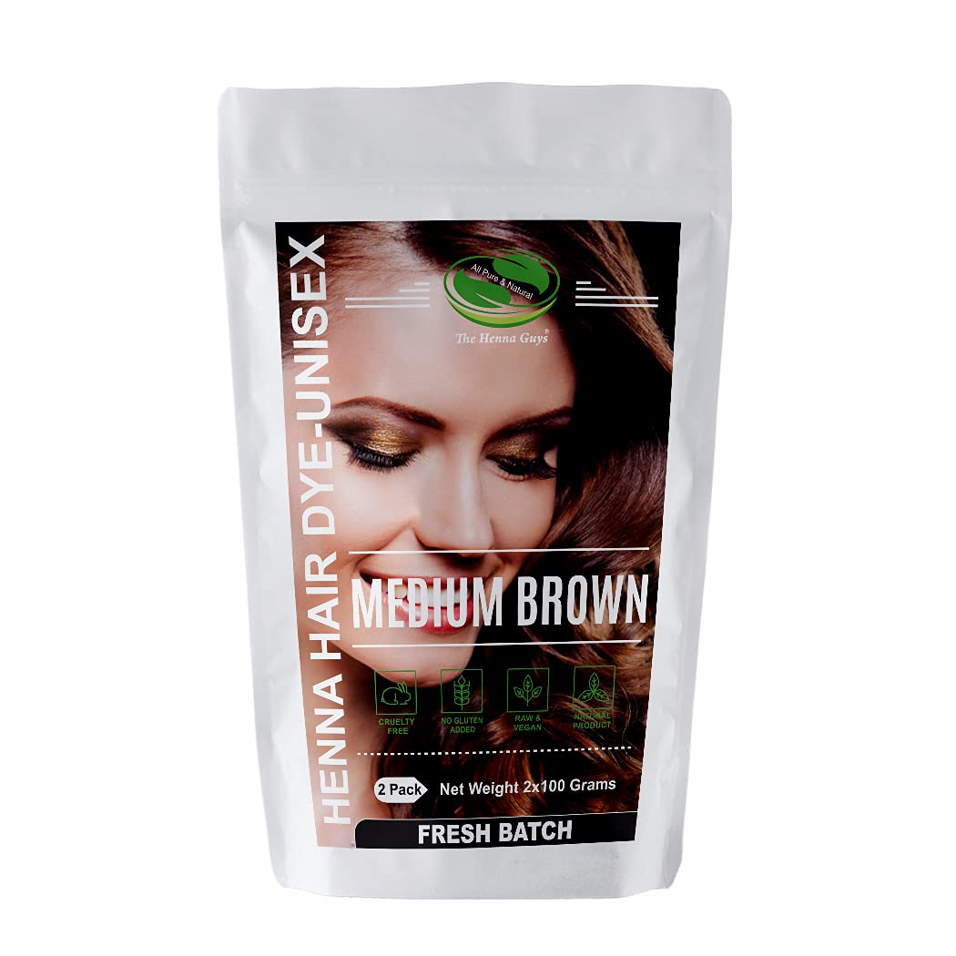 The Henna Guys 2-pack medium brown henna dye packaging for natural color.