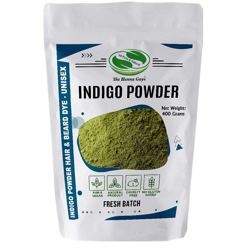 The Henna Guys Indigo Powder packaging front for natural hair color and gray coverage.