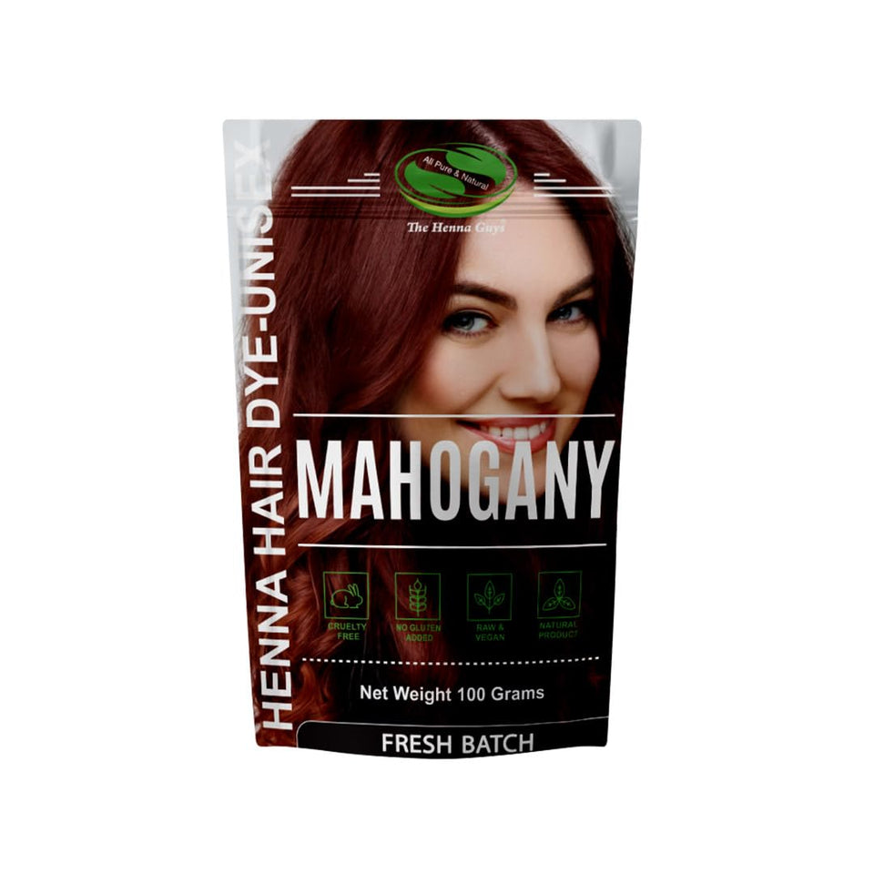 The Henna Guys mahogany hair dye pack shows natural color on hair
