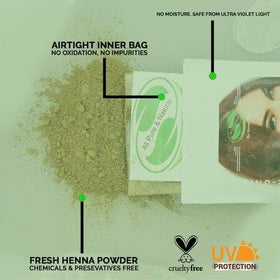 The Henna Guys natural plant-based dye packaging highlights chemical-free formula