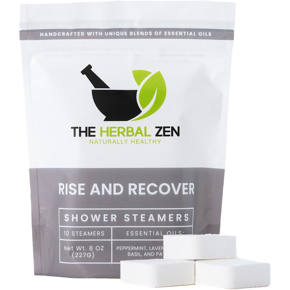 The Herbal Zen aromatherapy shower steamer bottle closeup for a relaxing routine.